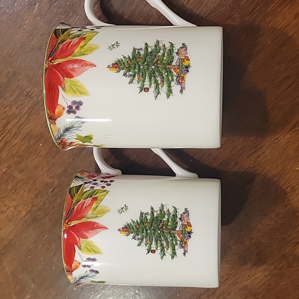 SPODE CHRISTMAS TREE MUGS  WHITE/GREEN